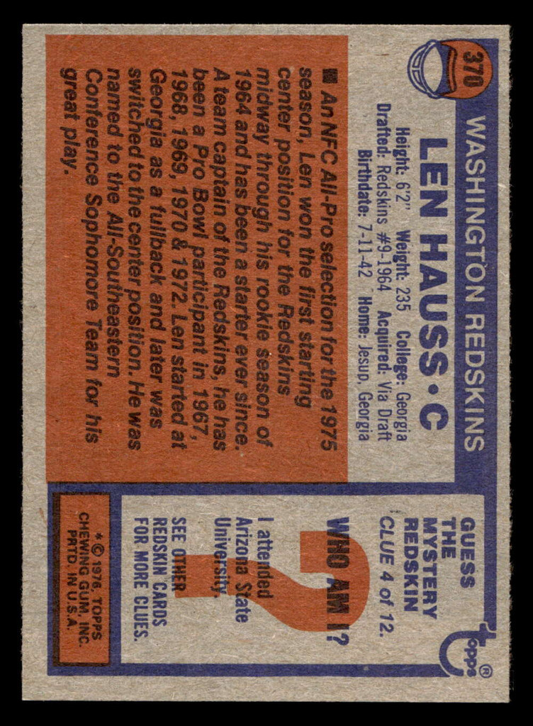 1976 Topps #370 Len Hauss AP Near Mint  ID: 499677