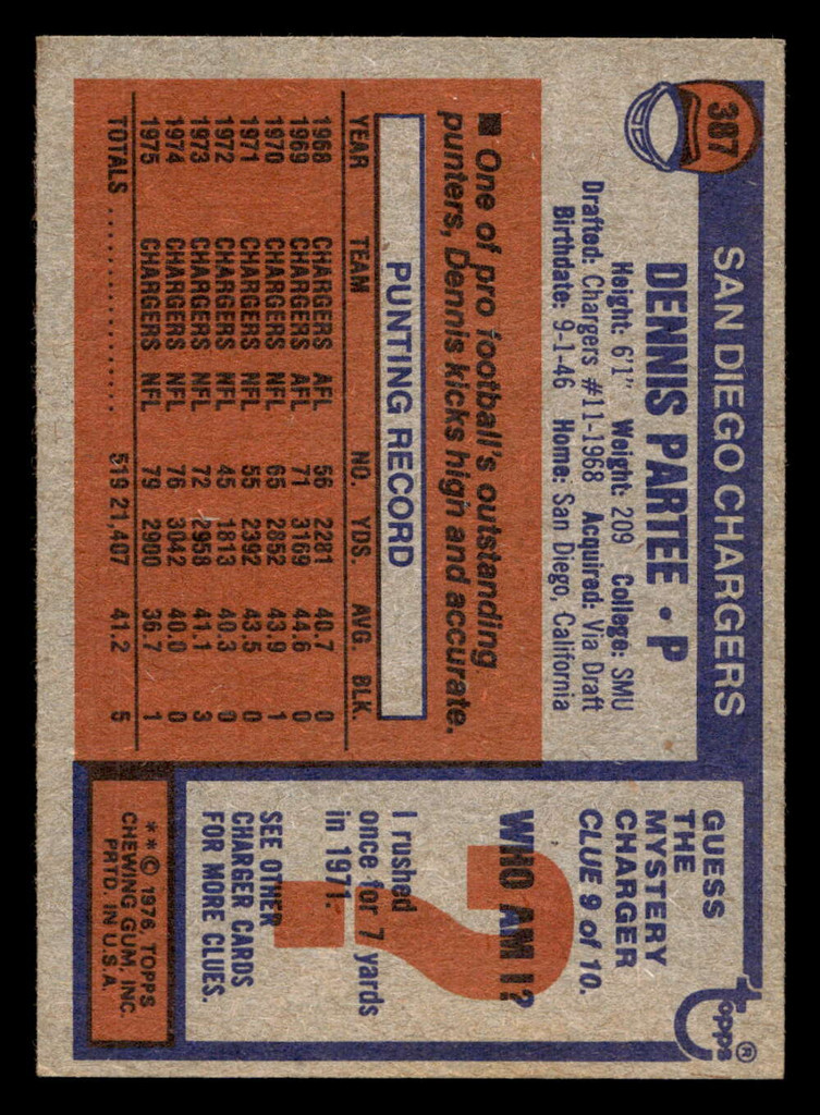 1976 Topps #387 Dennis Partee Ex-Mint  ID: 499723