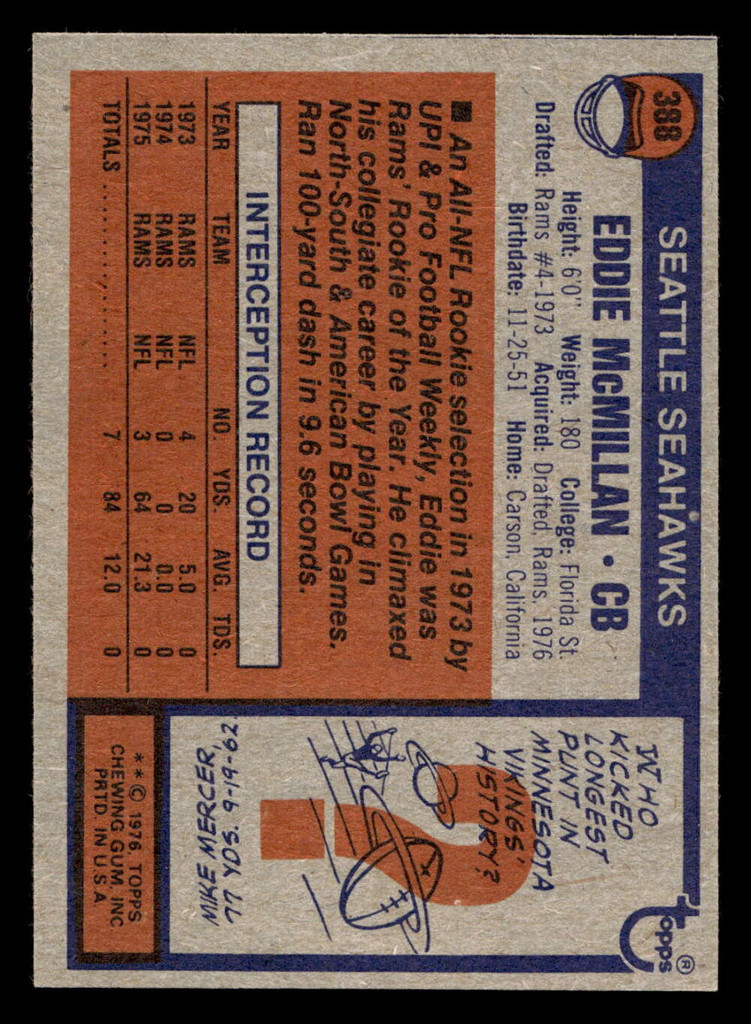 1976 Topps #388 Eddie McMillan Near Mint RC Rookie  ID: 499724