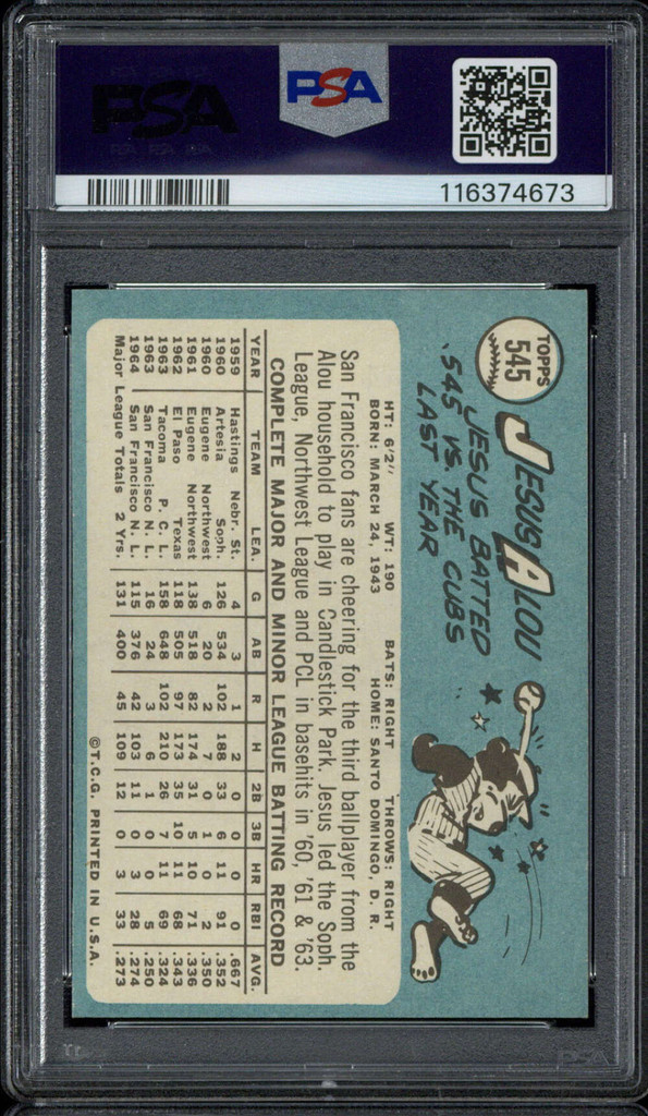 1965 Topps #545 Jesus Alou Giants PSA 7 Near Mint ID: 500078