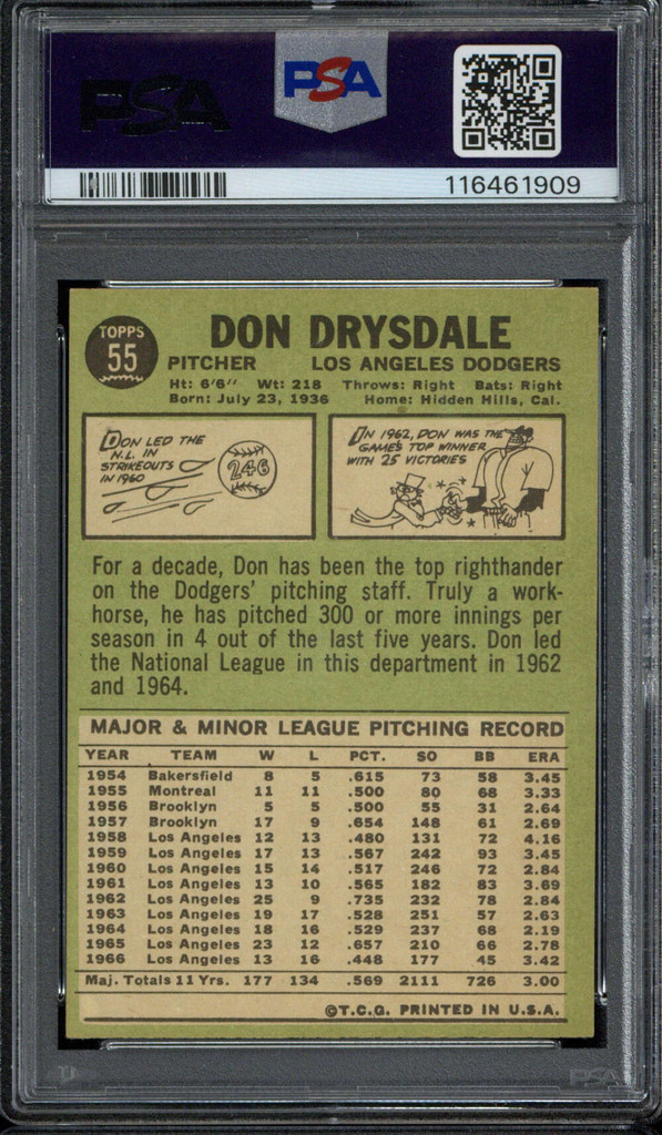 1967 Topps #55 Don Drysdale Dodgers PSA 7 Near Mint