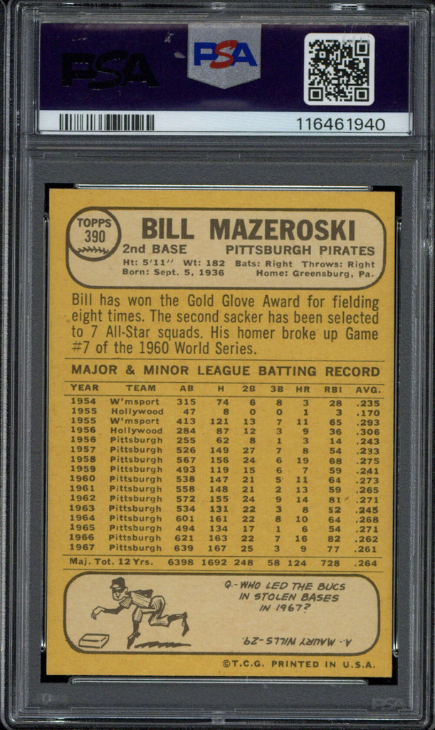 1968 Topps #390 Bill Mazeroski Pirates PSA 7 Near Mint