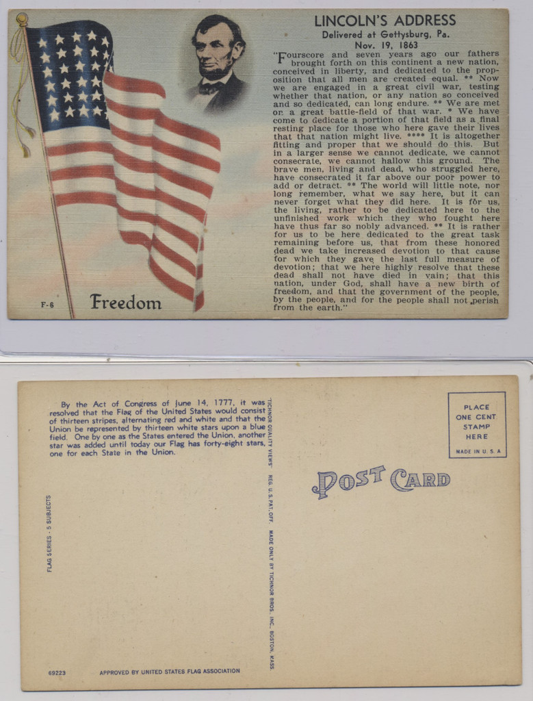 1963 Postcard #F-6 Lincoln's Gettysburg Address   #*sku 36906