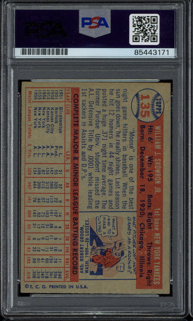 Bill Moose Skowron 1957 Topps #135 Yankees PSA Signed Auto Slab