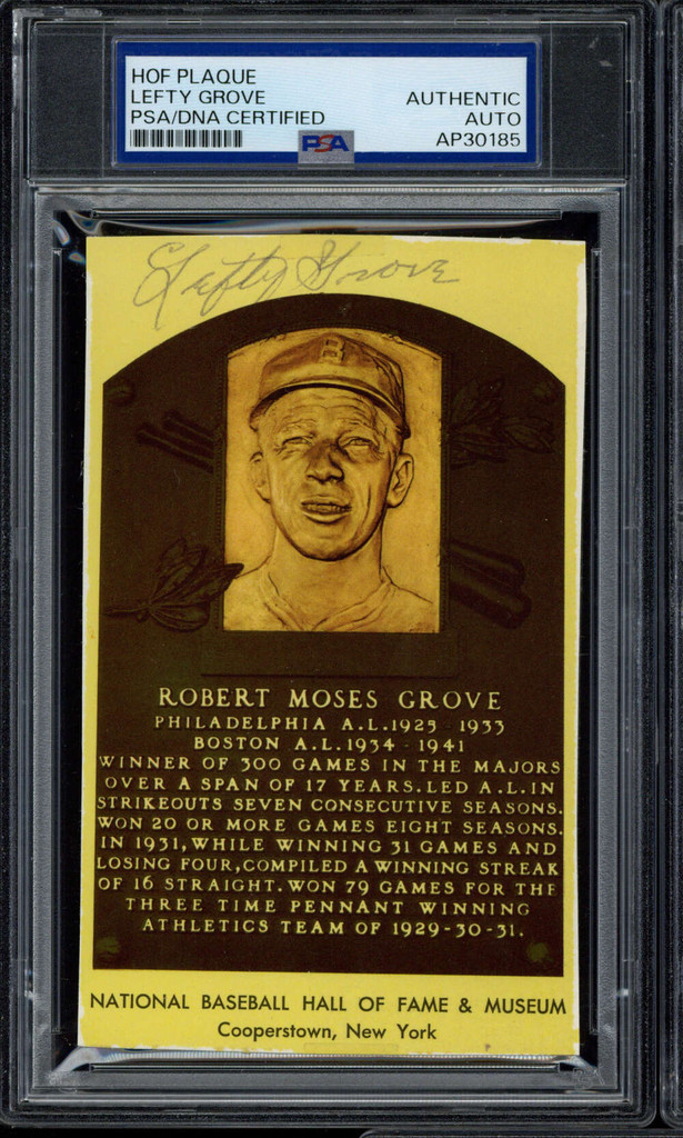 Lefty Grove Yellow HOF Postcard Plaque Athletics PSA Signed Auto Slab