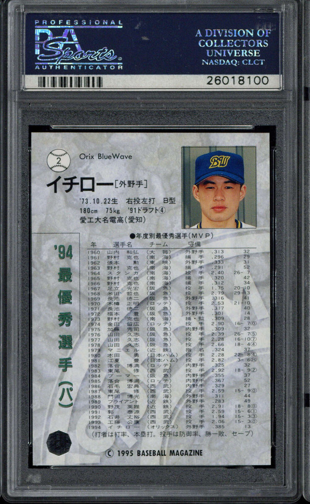 1995 BBM #2 Ichiro Suzuki Blue Wave PSA 9 Mint Japanese ID: 500378