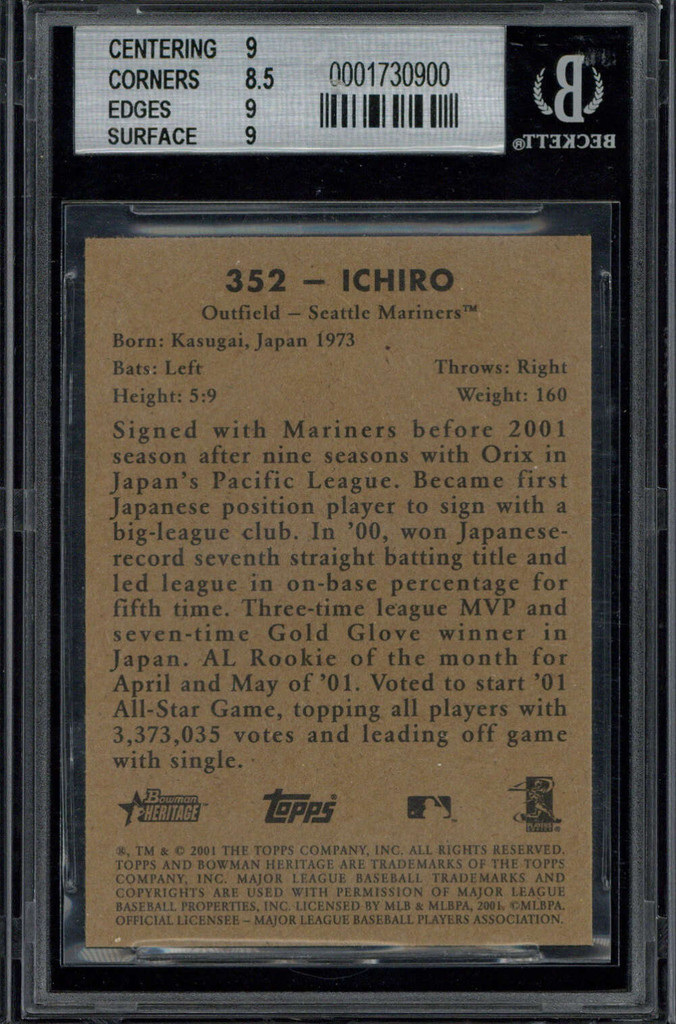 2001 Bowman Heritage SP #352 Ichiro Mariners BGS 9 Mint RC
