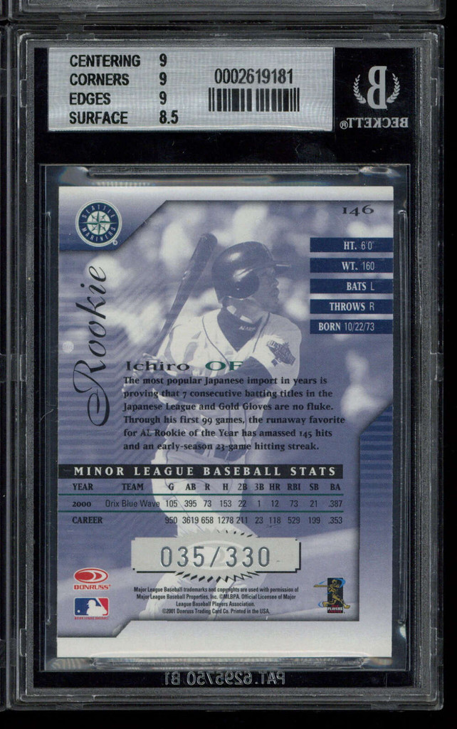 2001 Donruss Signature #146 /330 Ichiro Mariners BGS 9 Mint RC