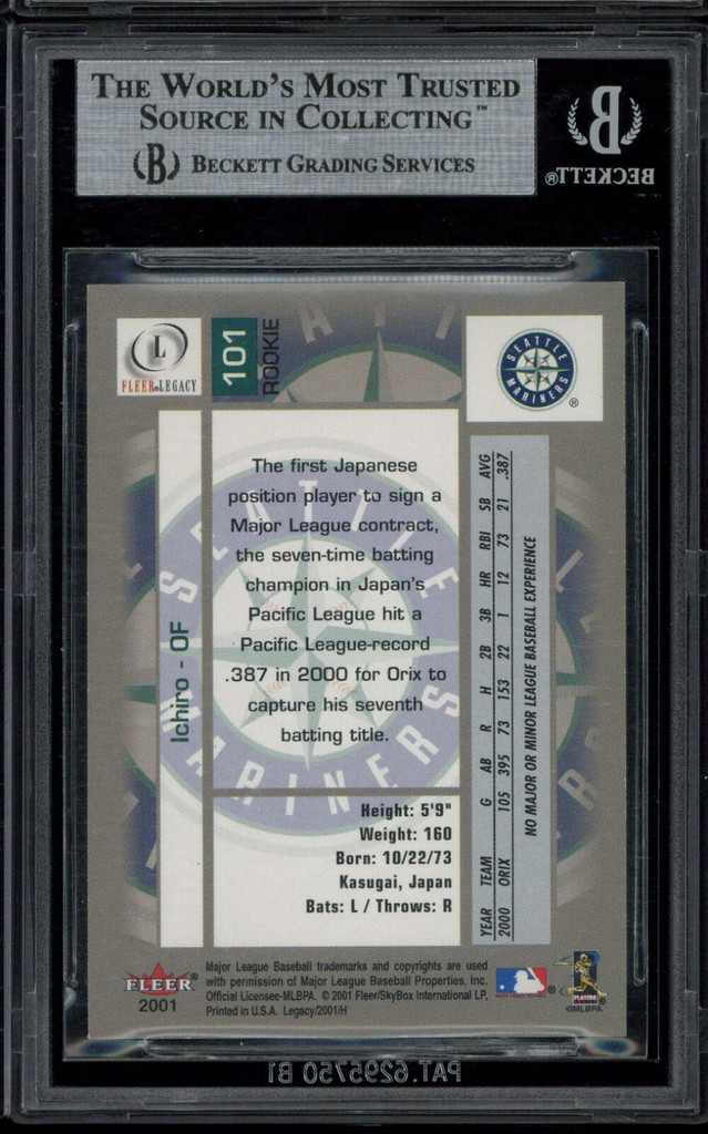 2001 Fleer Legacy #101 77/799 Ichiro Mariners BGS 9 Mint RC