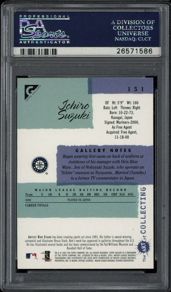 2001 Topps Gallery AMERICAN #151 Ichiro Suzuki Mariners PSA 10 Gem Mint RC ID: 500522