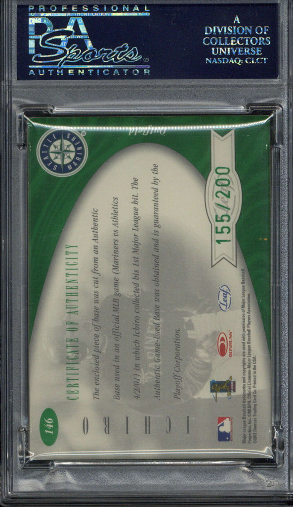 2001 Leaf Certified Materials Game Base 146 Ichiro Suzuki PSA 7 Near Mint RC