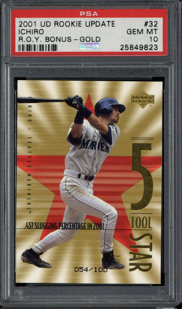 2001 UD Rookie Update R.O.Y. Bonus GOLD 32 Ichiro PSA 10 Gem Mint RC /100 ID: 500581