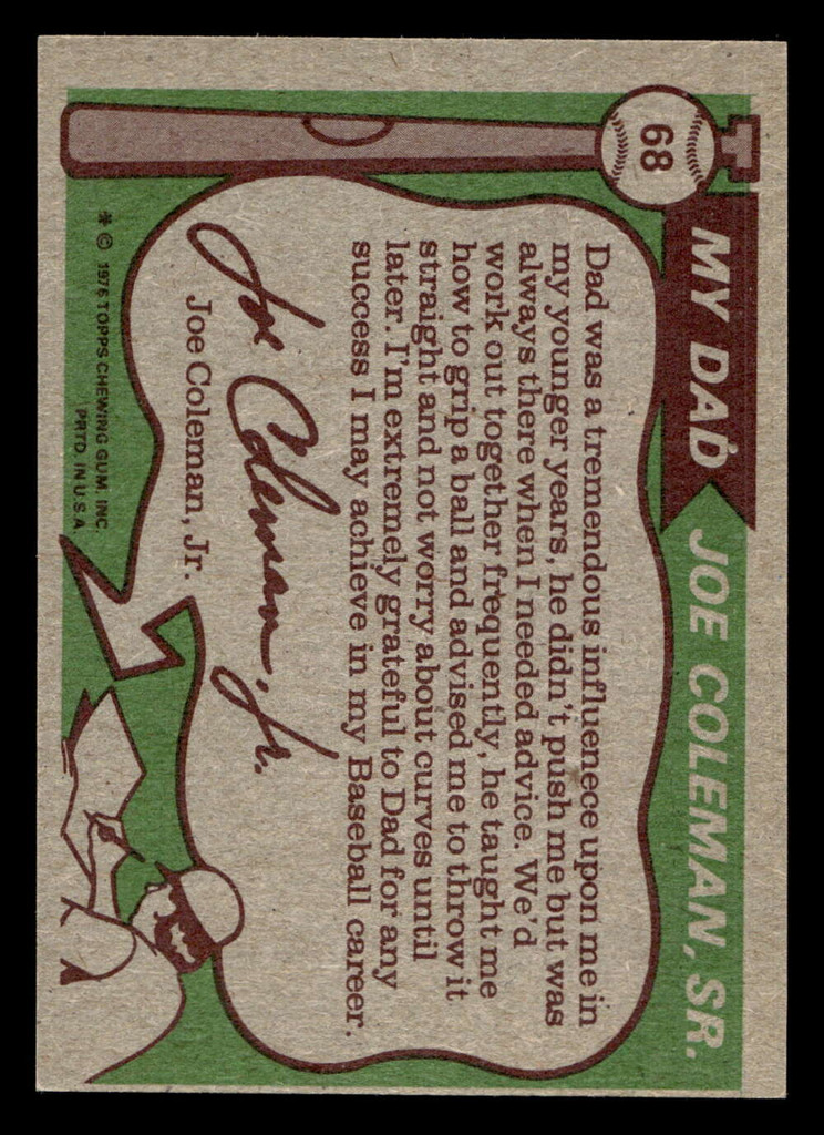 1976 Topps #68 Joe Coleman/Joe Coleman Jr. FS Ex-Mint 