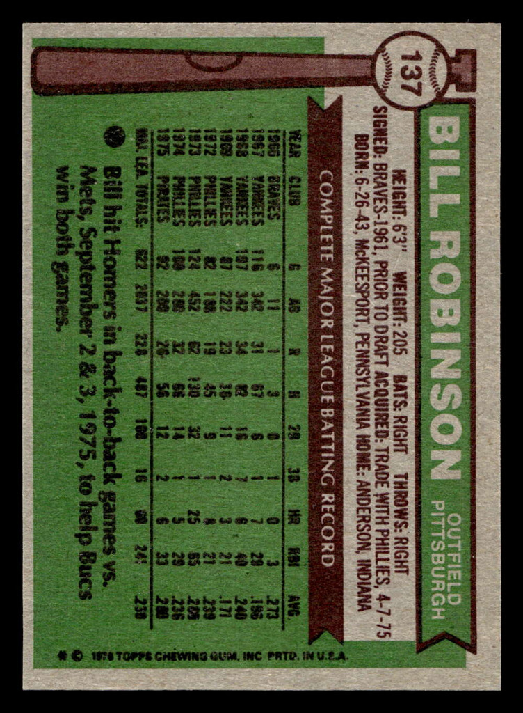 1976 Topps #137 Bill Robinson Near Mint  ID: 500907