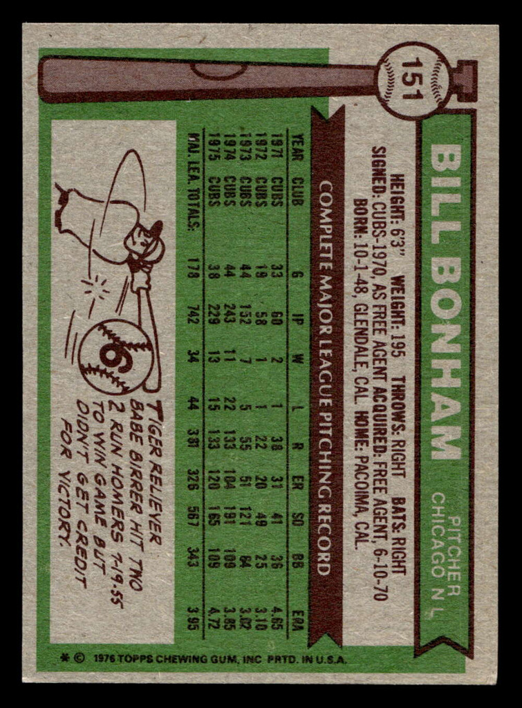1976 Topps #151 Bill Bonham Ex-Mint 
