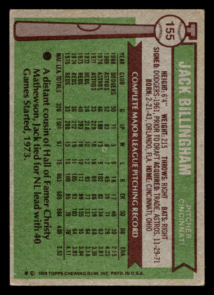 1976 Topps #155 Jack Billingham Very Good 
