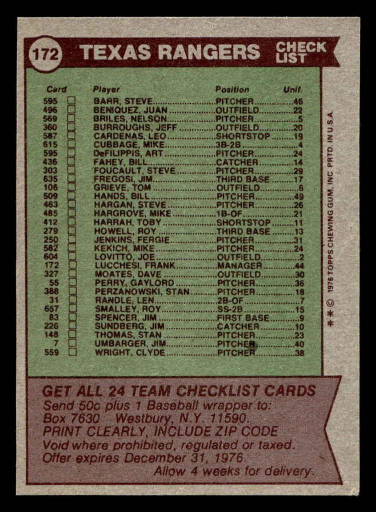 1976 Topps #172 Texas Rangers/Frank Lucchesi MG CL Ex-Mint 