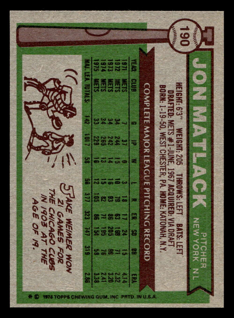 1976 Topps #190 Jon Matlack Near Mint  ID: 500953
