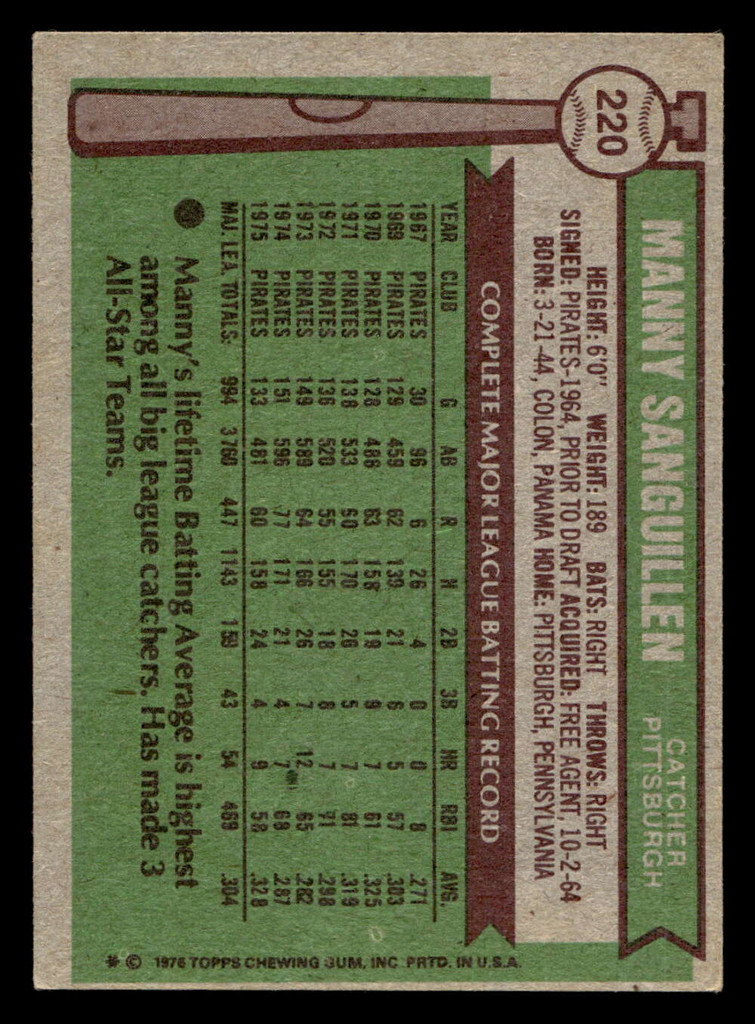 1976 Topps #220 Manny Sanguillen Excellent+ 
