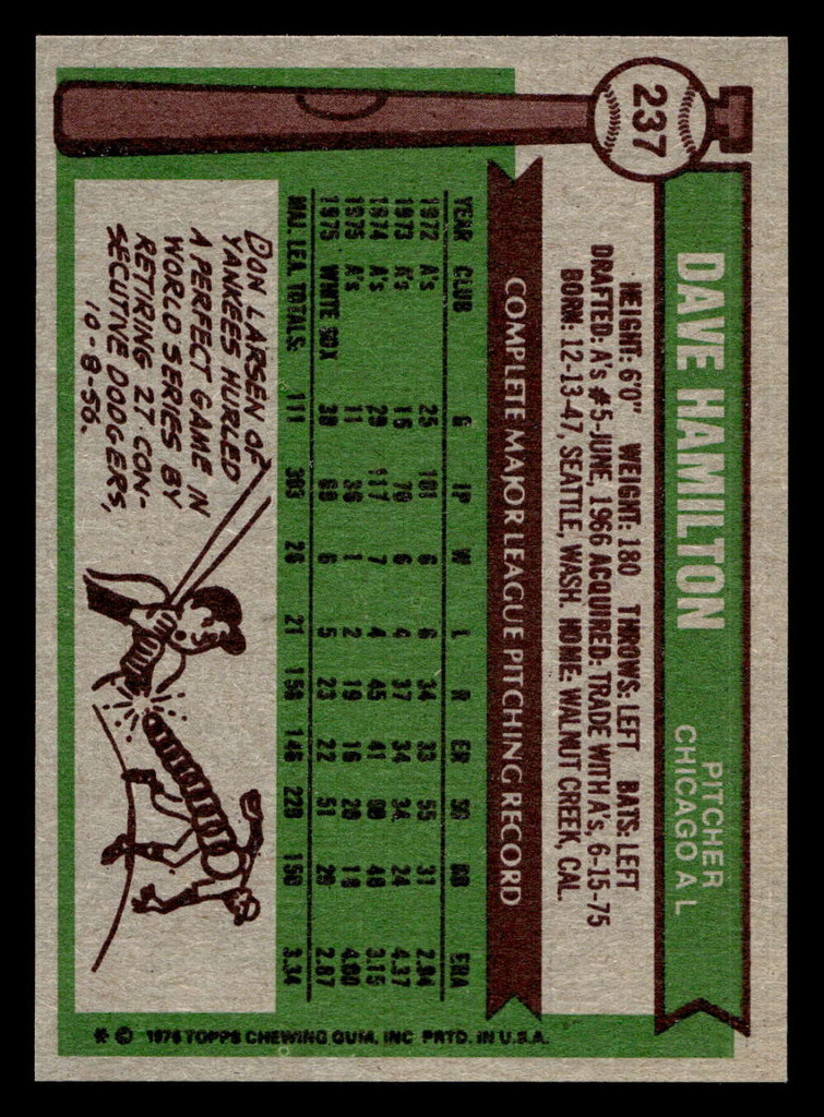 1976 Topps #237 Dave Hamilton Near Mint  ID: 500991