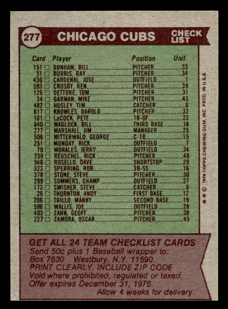 1976 Topps #277 Chicago Cubs/Jim Marshall MG CL Near Mint 