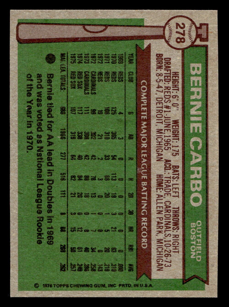 1976 Topps #278 Bernie Carbo Ex-Mint  ID: 501026