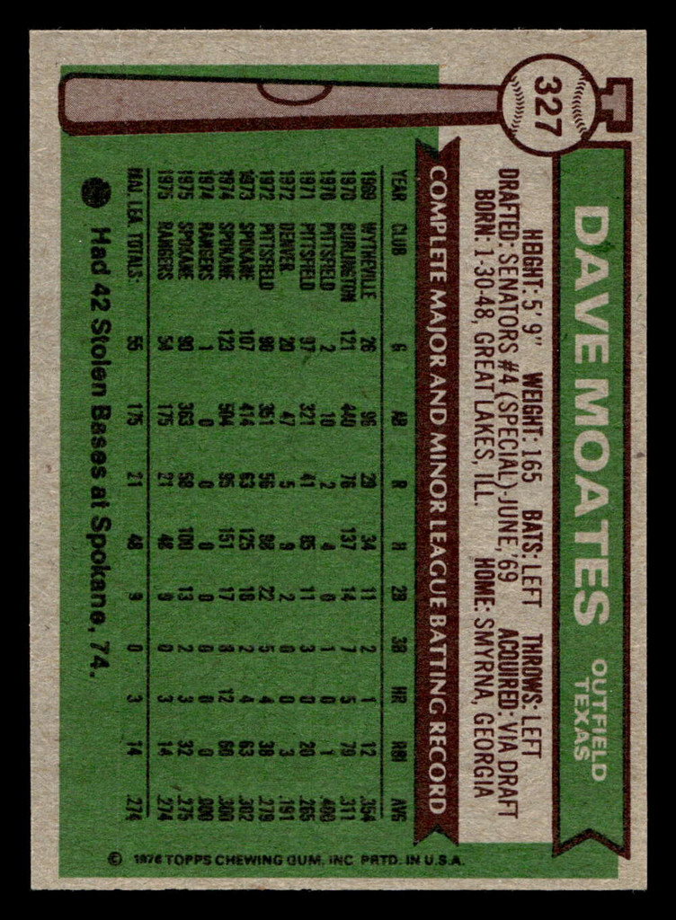 1976 Topps #327 Dave Moates Ex-Mint RC Rookie 