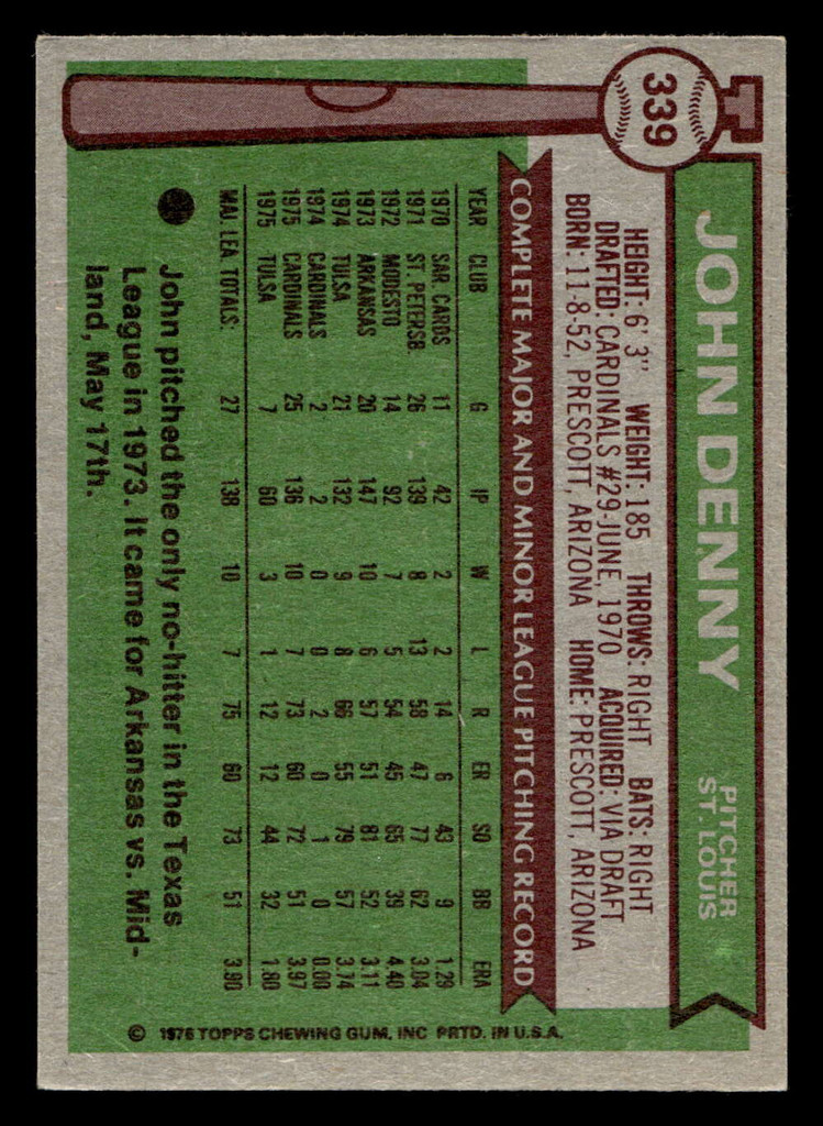 1976 Topps #339 John Denny Excellent  ID: 501082