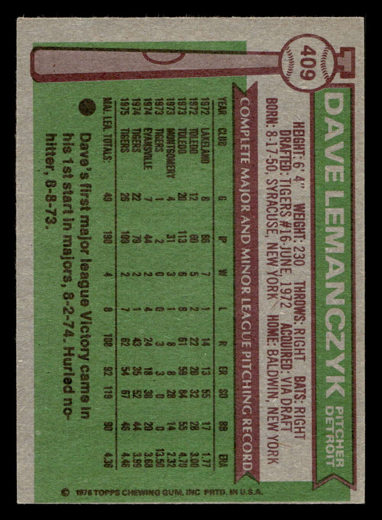 1976 Topps #409 Dave Lemanczyk Ex-Mint 