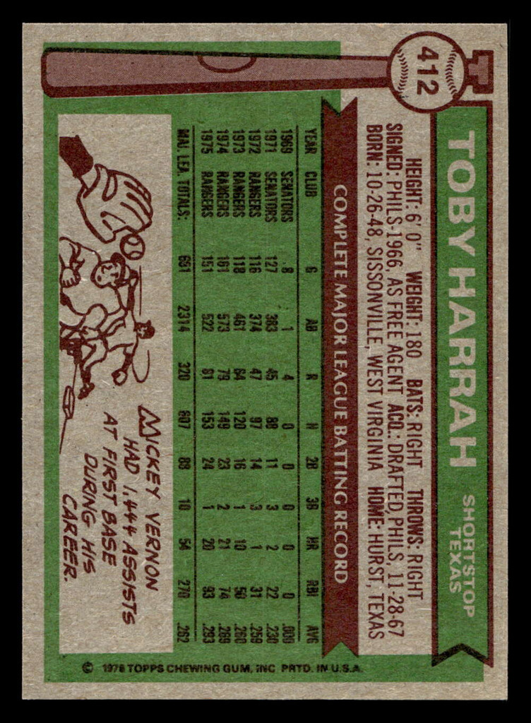1976 Topps #412 Toby Harrah Near Mint 