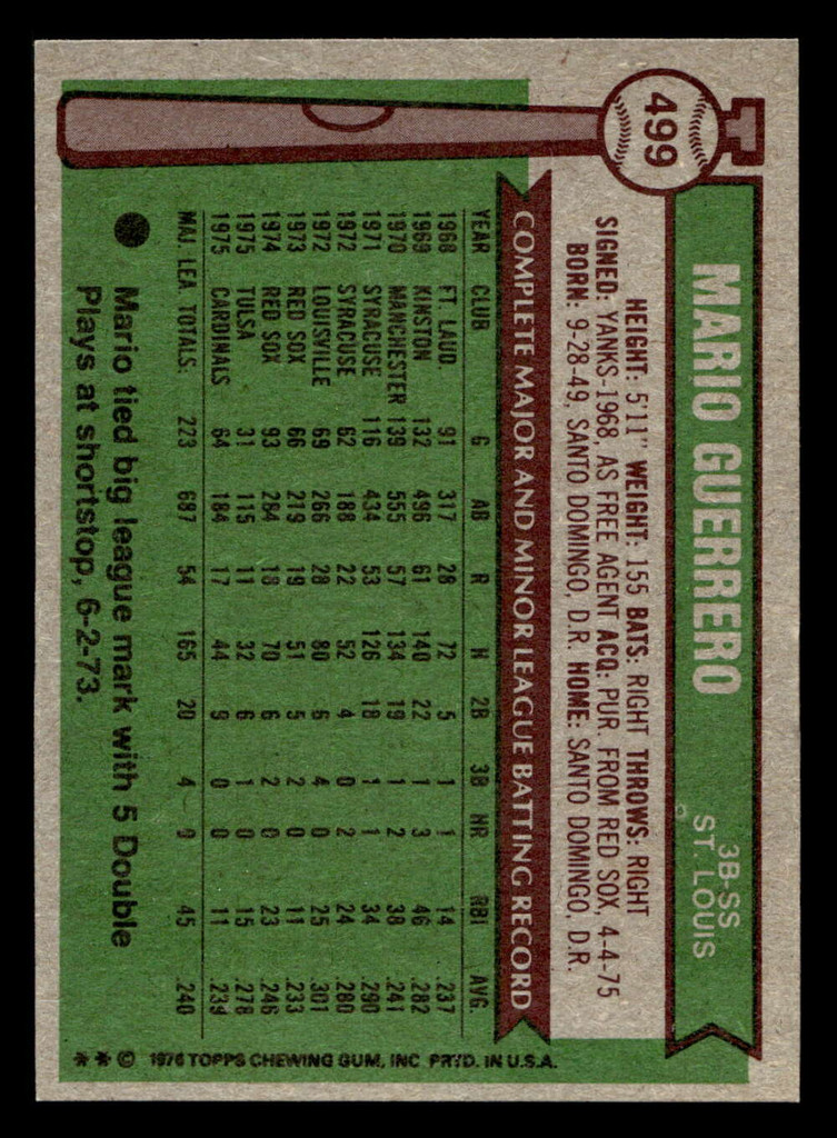 1976 Topps #499 Mario Guerrero Near Mint  ID: 501228