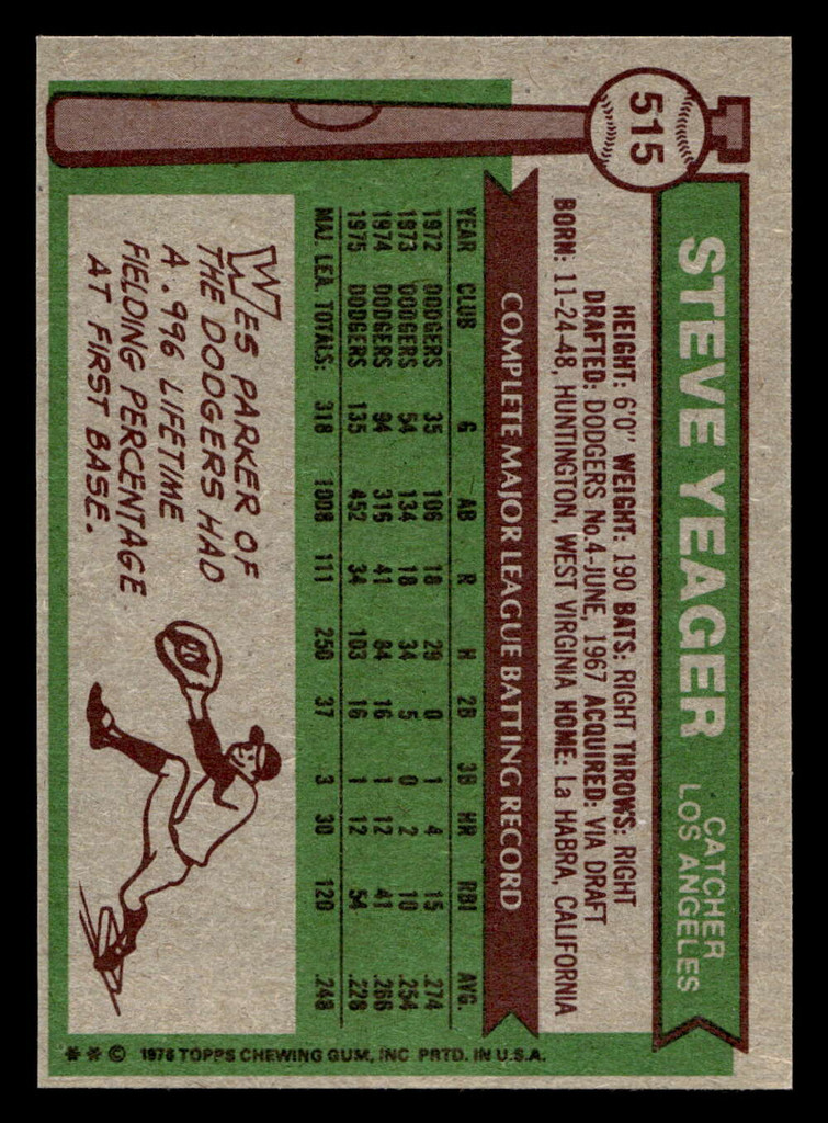 1976 Topps #515 Steve Yeager Near Mint 