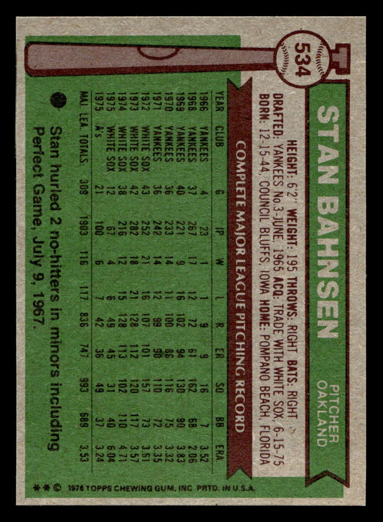 1976 Topps #534 Stan Bahnsen Near Mint 