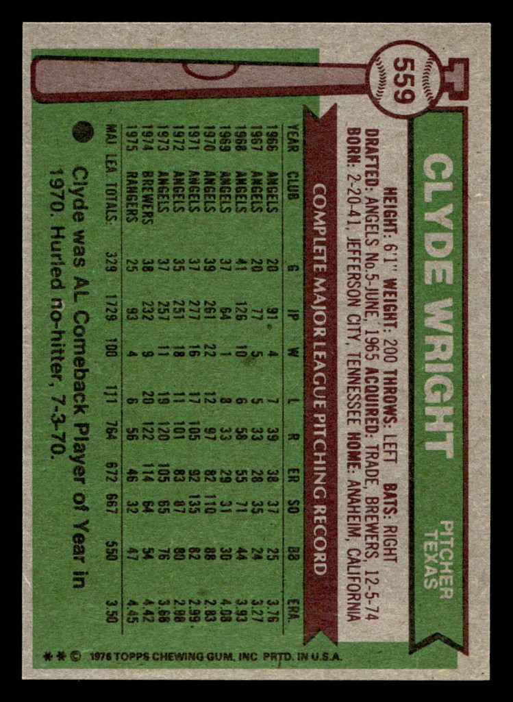 1976 Topps #559 Clyde Wright Near Mint+  ID: 501283