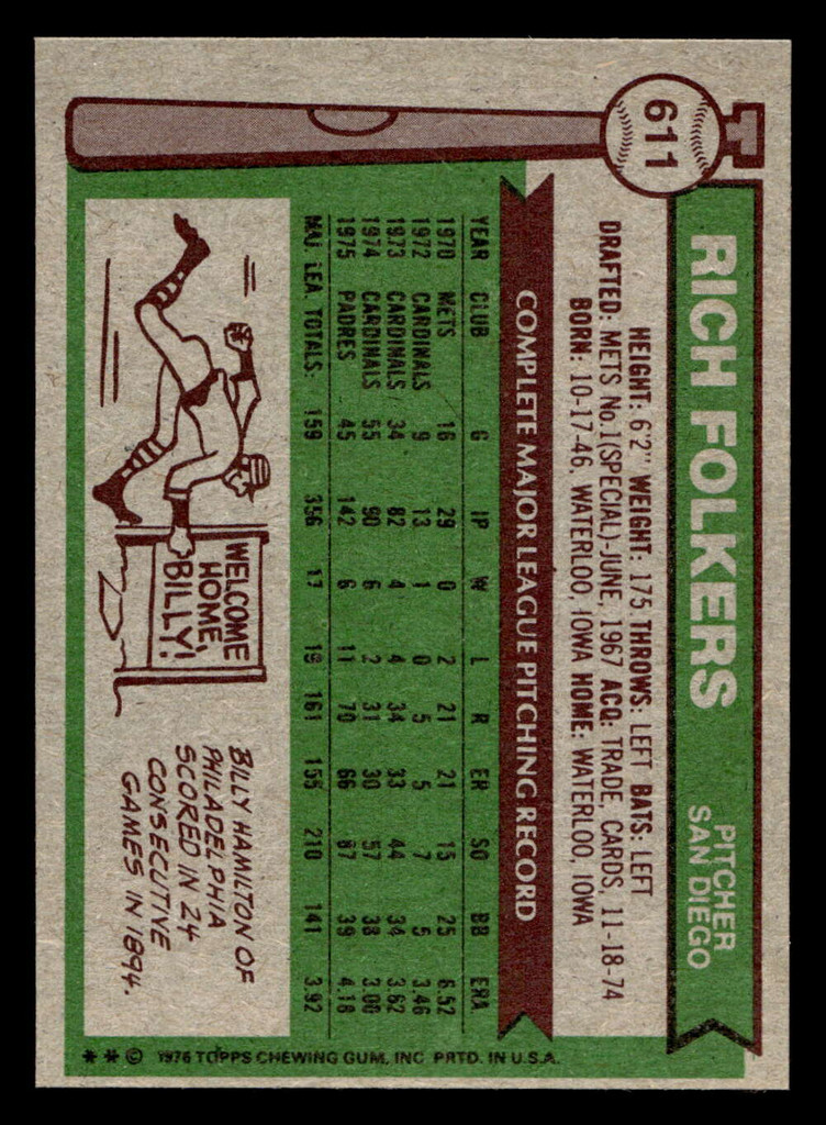 1976 Topps #611 Rich Folkers Near Mint  ID: 501333