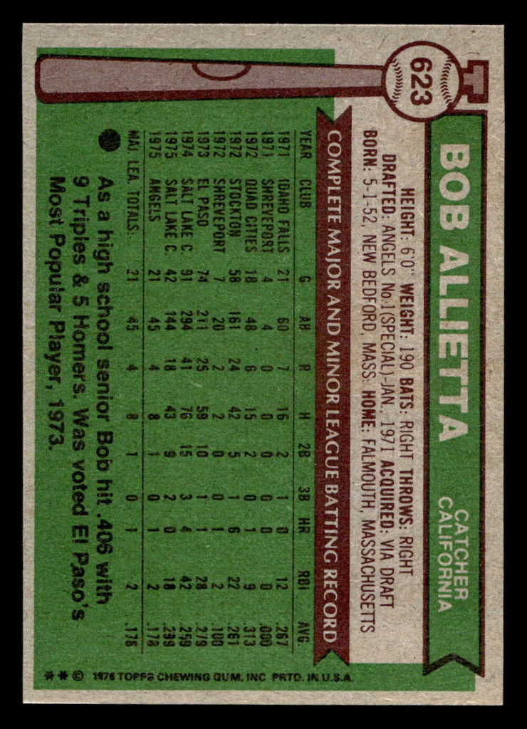 1976 Topps #623 Bob Allietta Near Mint RC Rookie  ID: 501344