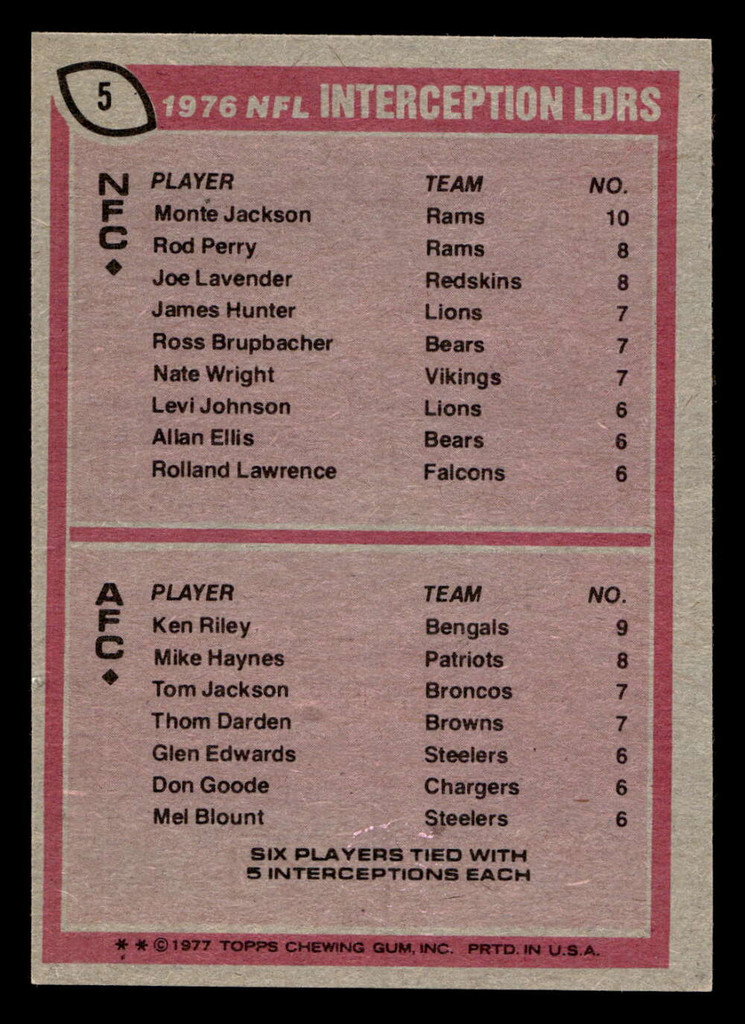 1977 Topps #5 Monte Jackson/Ken Riley 1976 Interception Leaders Near Mint  ID: 501399
