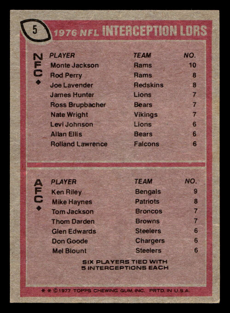 1977 Topps #5 Monte Jackson/Ken Riley 1976 Interception Leaders Ex-Mint 