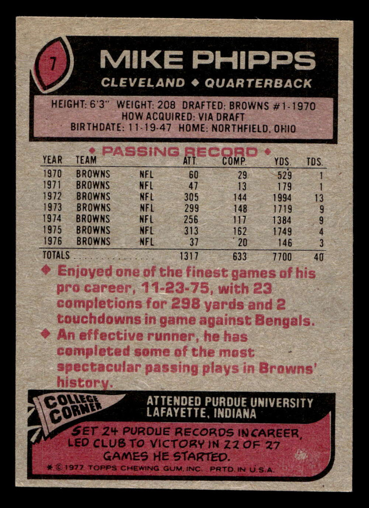 1977 Topps #7 Mike Phipps Near Mint  ID: 501410