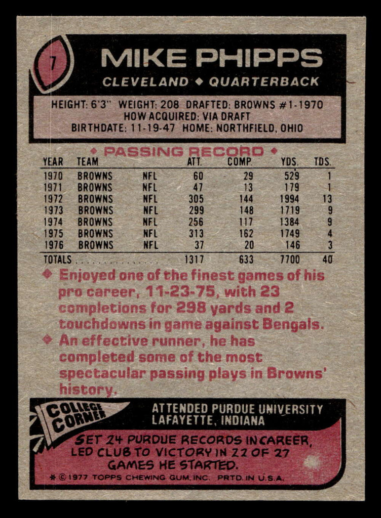 1977 Topps #7 Mike Phipps Near Mint  ID: 501413