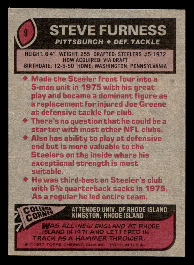 1977 Topps #9 Steve Furness Ex-Mint  ID: 501421
