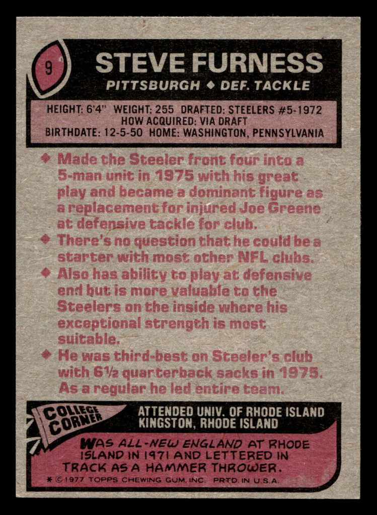 1977 Topps #9 Steve Furness Near Mint  ID: 501422