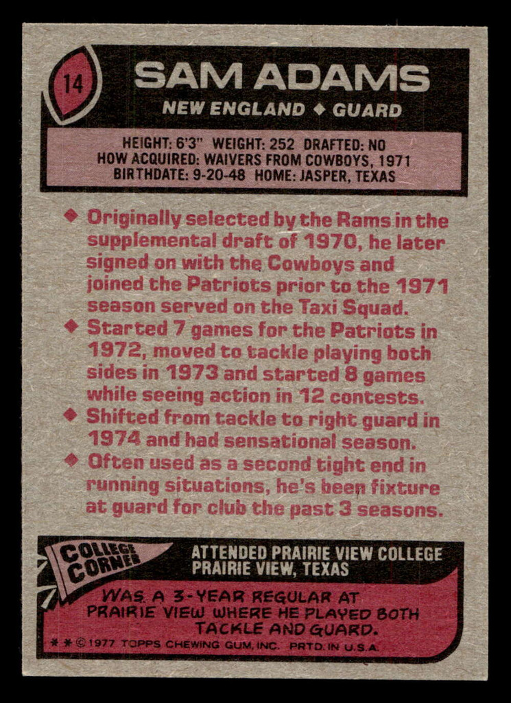 1977 Topps #14 Sam Adams Very Good 