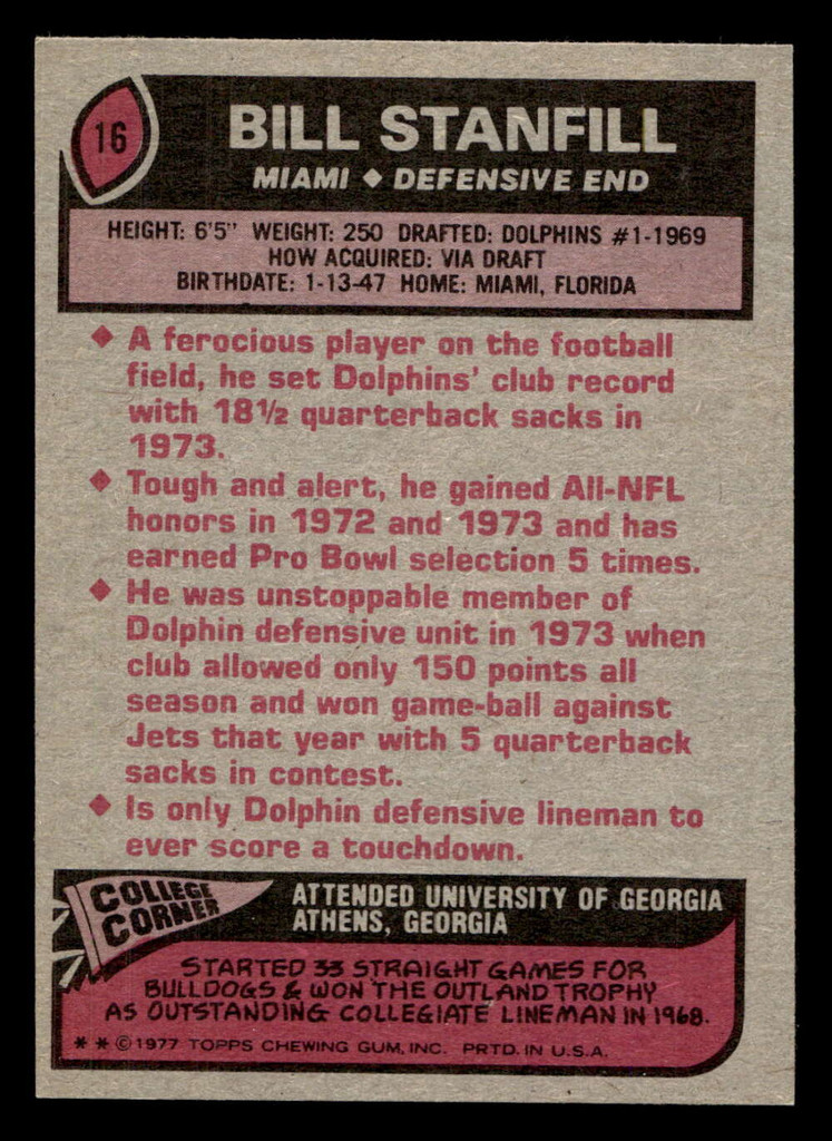 1977 Topps #16 Bill Stanfill Near Mint  ID: 501452