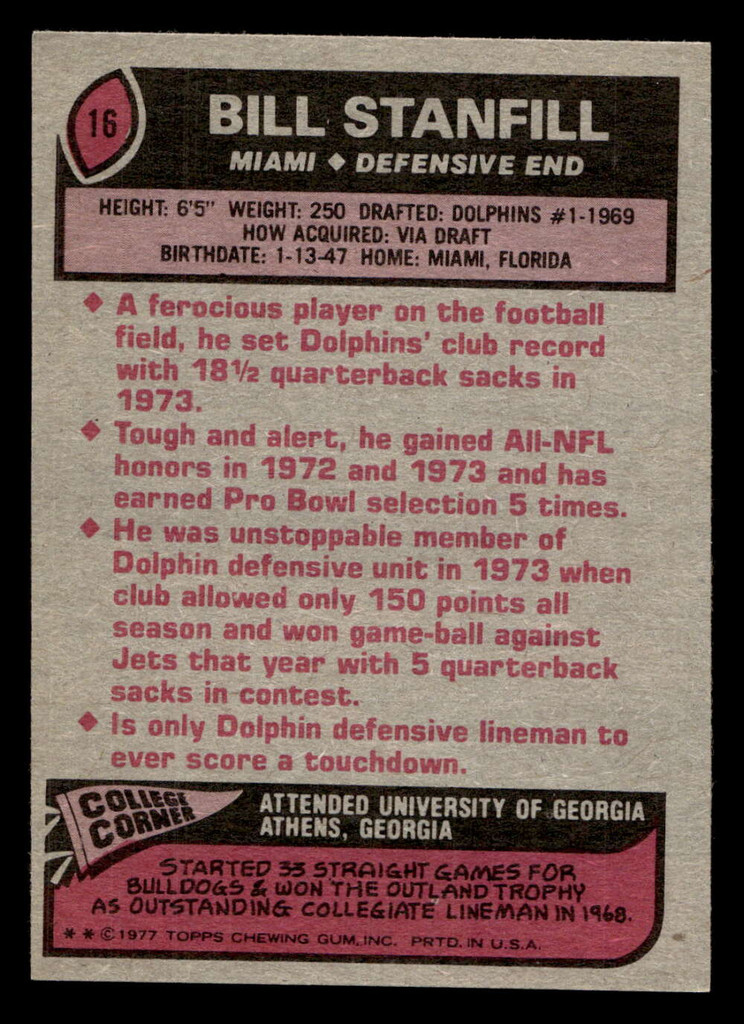 1977 Topps #16 Bill Stanfill Near Mint  ID: 501456