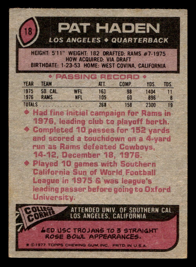 1977 Topps #18 Pat Haden Excellent+ RC Rookie 