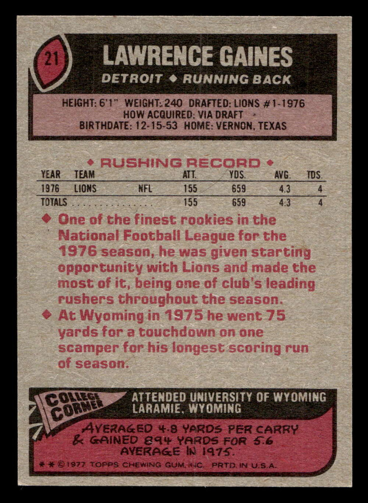 1977 Topps #21 Lawrence Gaines Near Mint  ID: 501481
