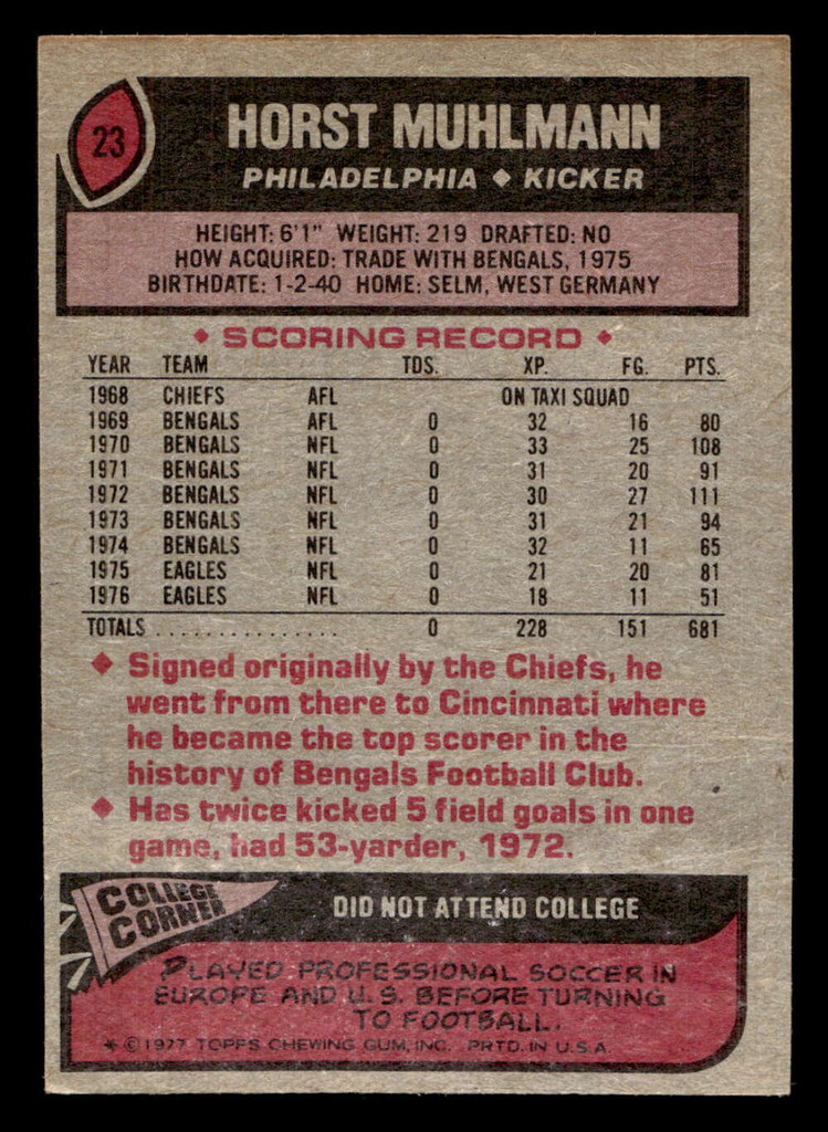 1977 Topps #23 Horst Muhlmann Ex-Mint 