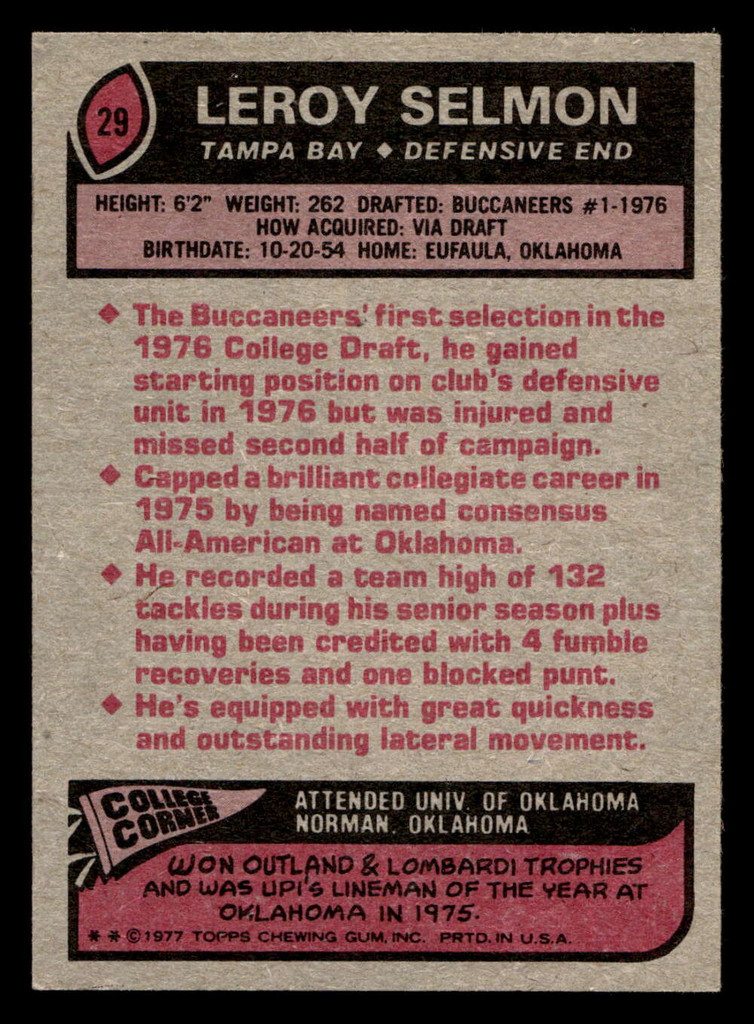 1977 Topps #29 Lee Roy Selmon UER Near Mint RC Rookie  ID: 501513