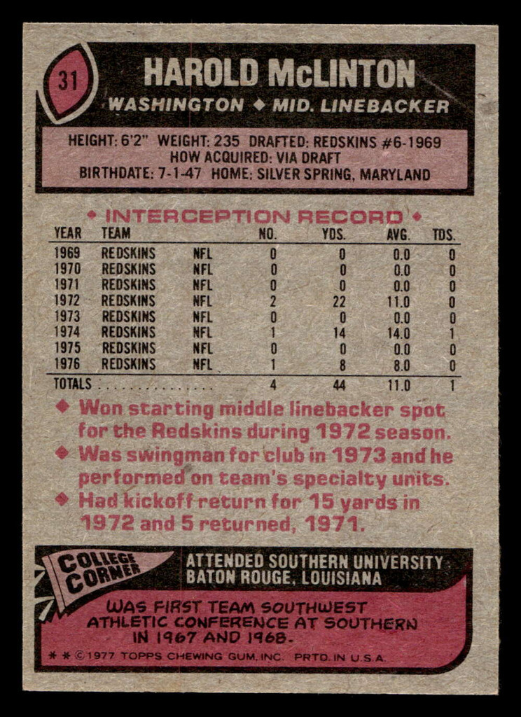1977 Topps #31 Harold McLinton Ex-Mint  ID: 501522